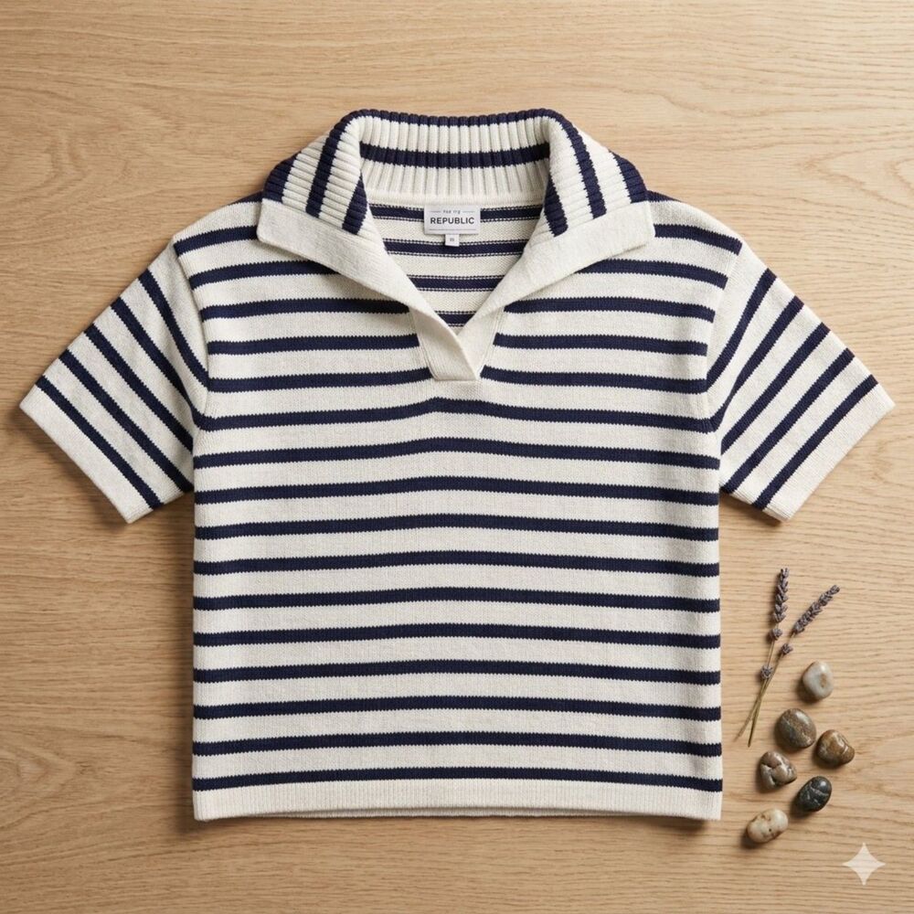 For The Republic Striped Polo Collared Knit Sweater Top